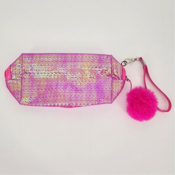 Holographic Pink "Meow" Cat Makeup Bag with Wrist Strap & Pom Pom - Picture 2 of 3
